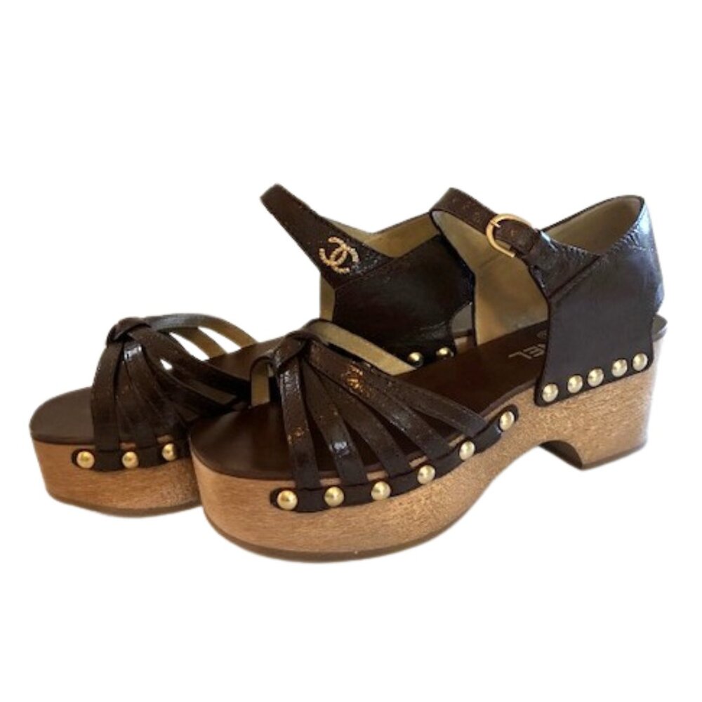 CHANEL Dark Brown Leather Platform Clog Sandals | 2.75” Heel | Size 39